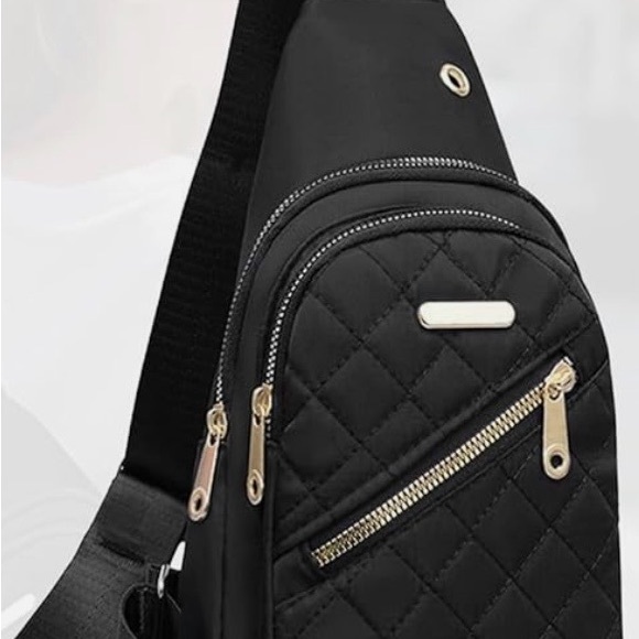 Handbags - Black Quilted Crossbody Bag with Gold Accents +Purse Charm